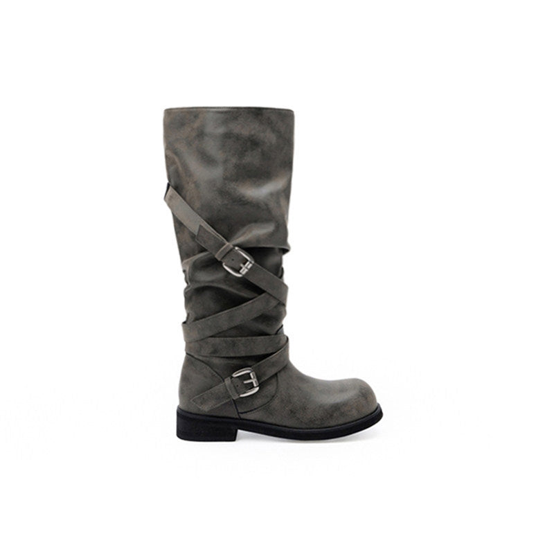 Distressed Buckle Riding Boots