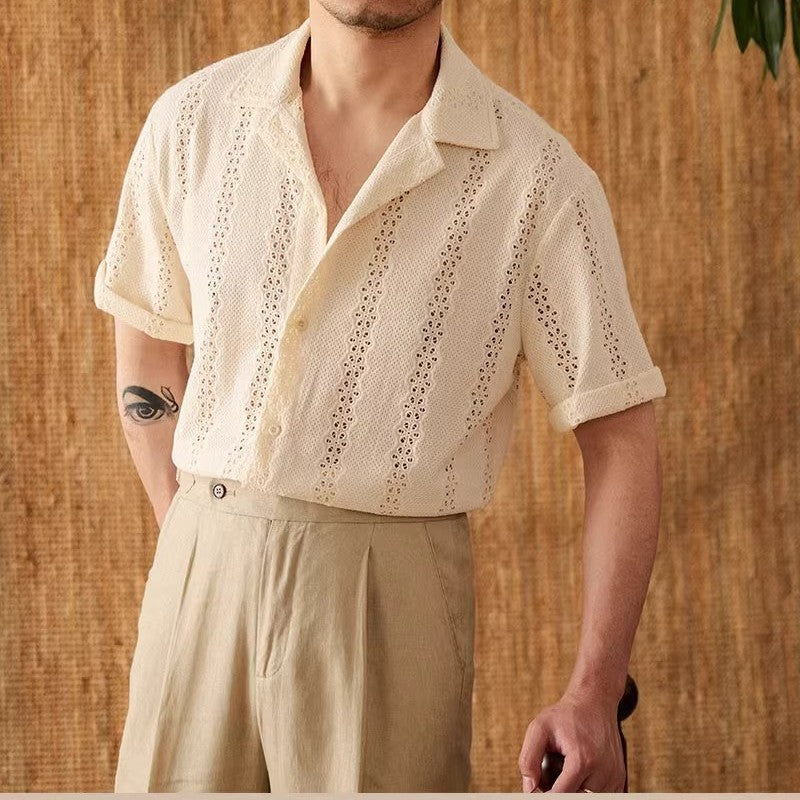 Perforated Short-Sleeve Cuban Collar Shirt