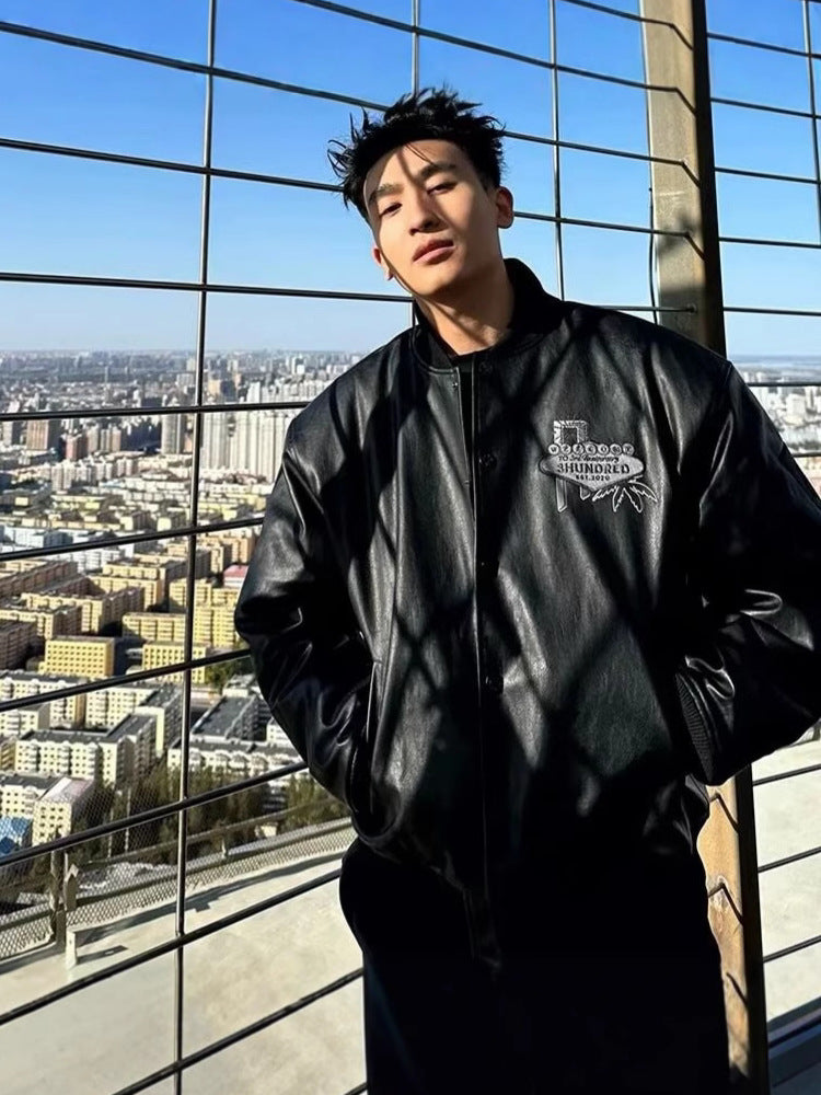Embroidered PU Leather Varsity Jacket