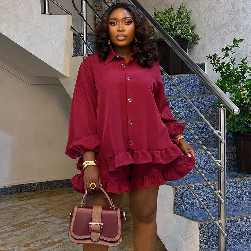 Relaxed Shirt & Ruffle Shorts Set