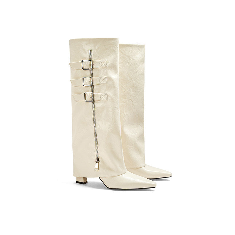 Pleated Pointed Toe Knee-High Boots