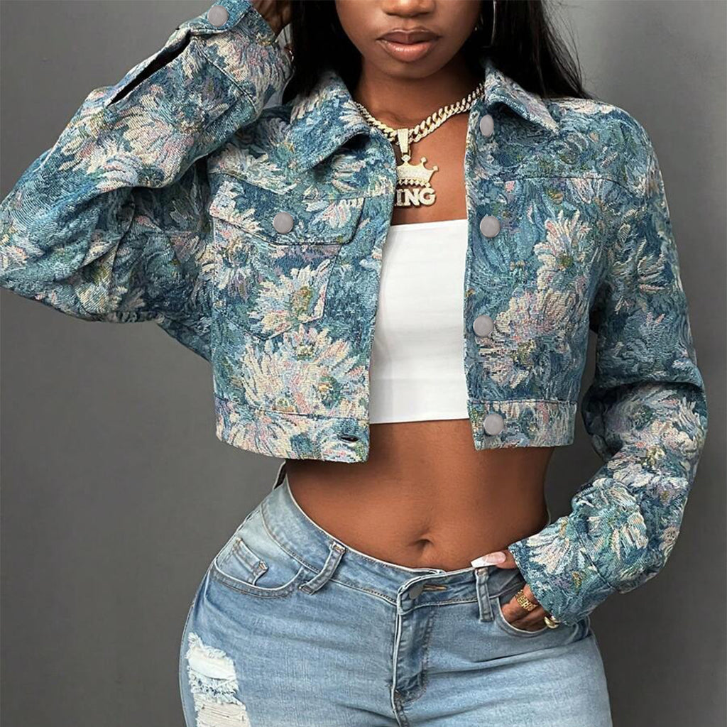 Floral Jacquard Cropped Long Sleeve Button Jacket
