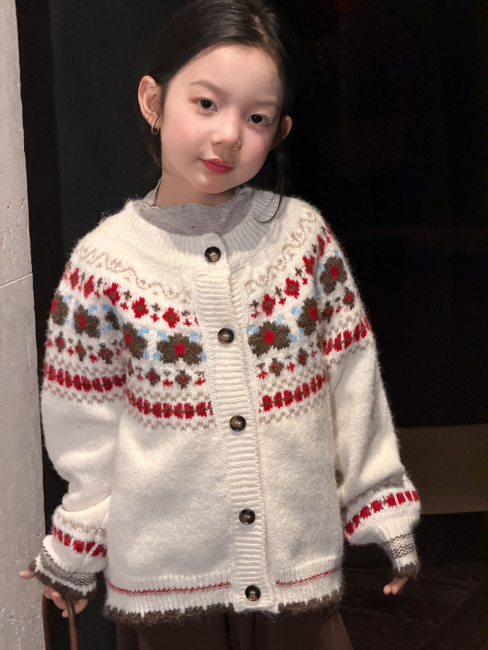 Girls' Floral Fair-Isle Knit Cardigan