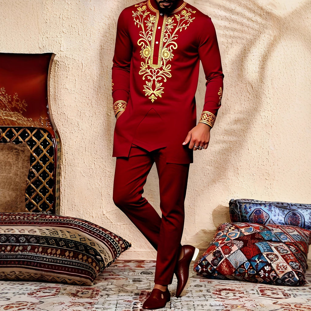 Traditional Muslim African Style Men Wedding New Suit 2 Piece Set Round Neck Long Sleeve Top Plus Pants Foreign Trade