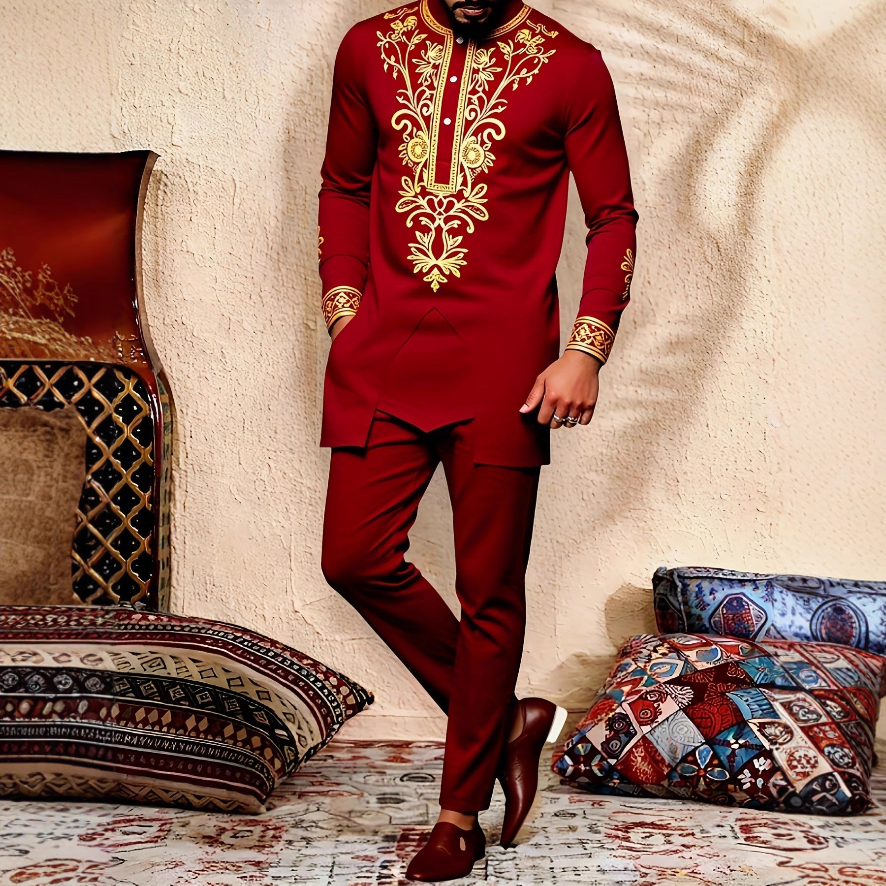 Traditional Muslim African Style Men Wedding New Suit 2 Piece Set Round Neck Long Sleeve Top Plus Pants Foreign Trade