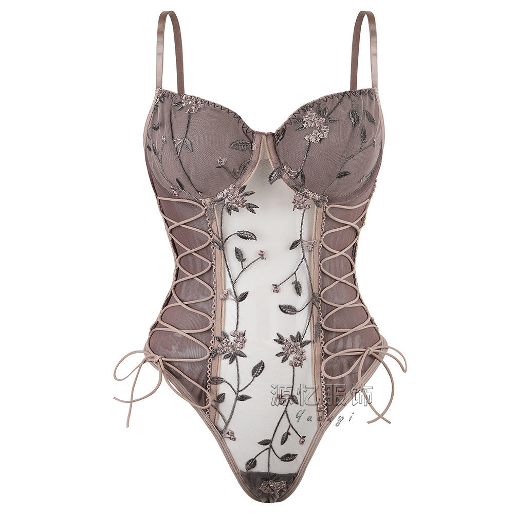Floral Embroidered Lace Up Bodysuit