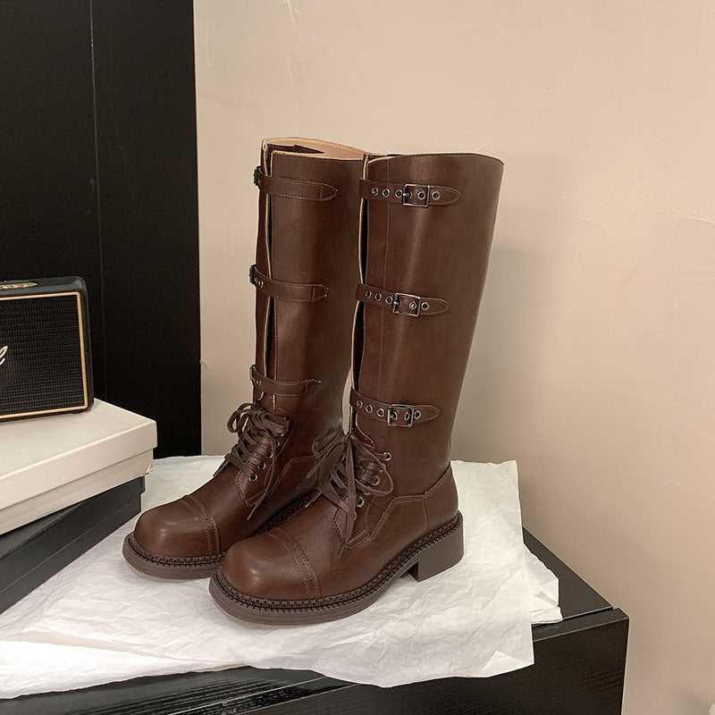 Buckle Leather Biker Boots