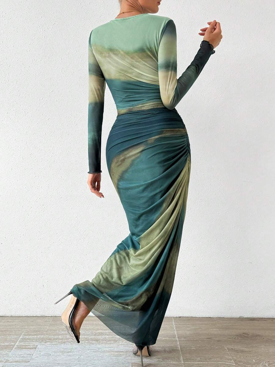Elegant Printed Mesh Ruched Maxi Dress