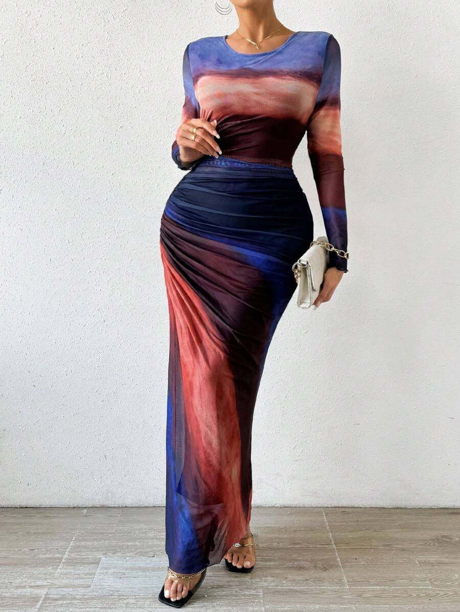 Elegant Printed Mesh Ruched Maxi Dress