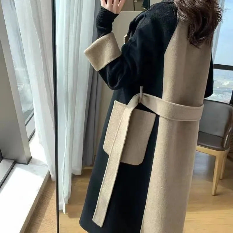 Contrast Panel Long Belted Coat