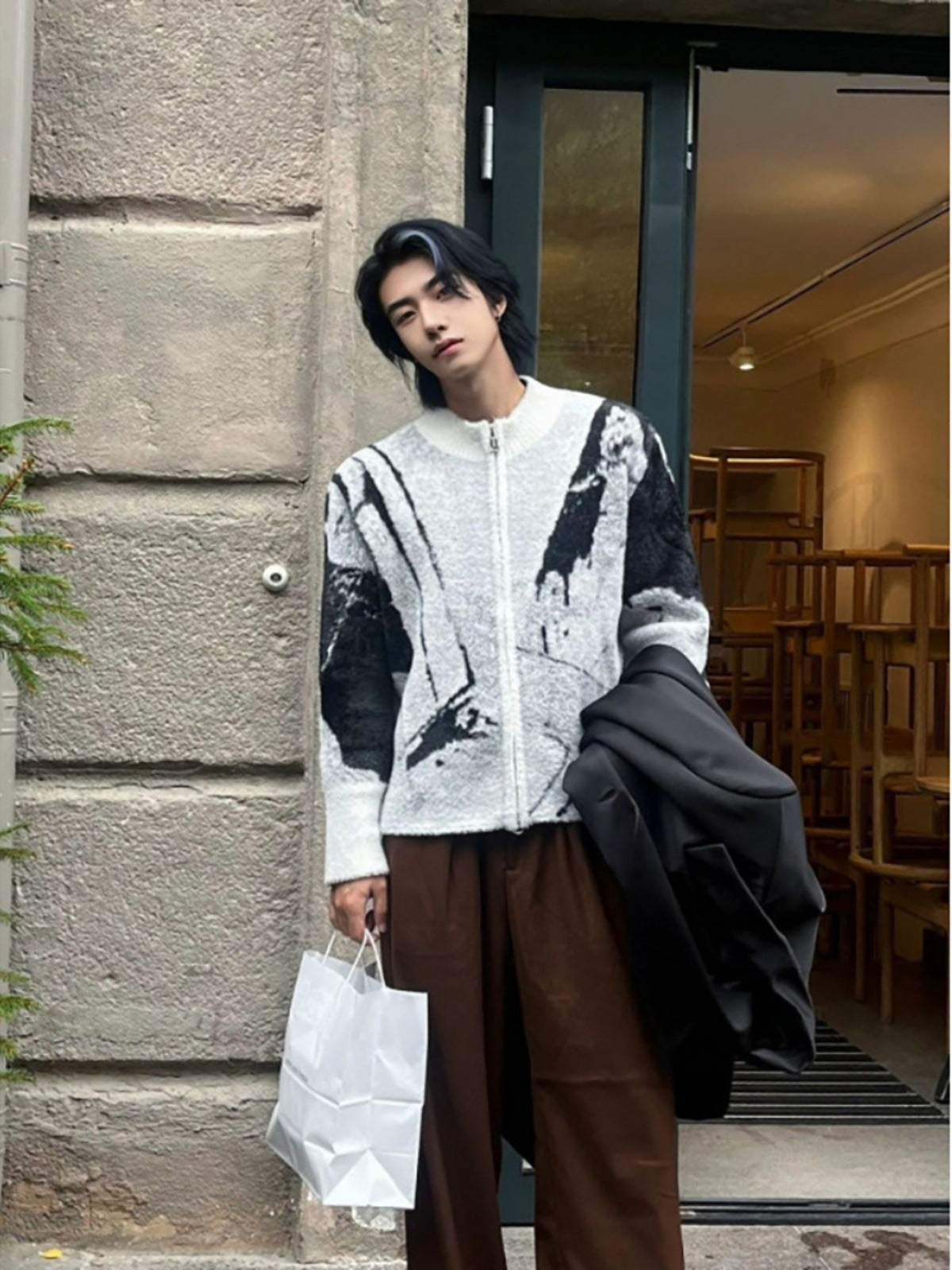 Jacquard Knit Zip Cardigan