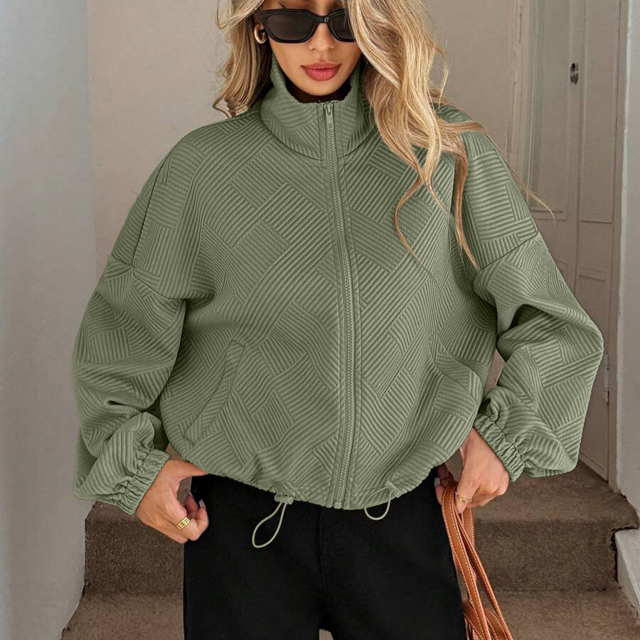 Textured High Neck Drawstring Jacket