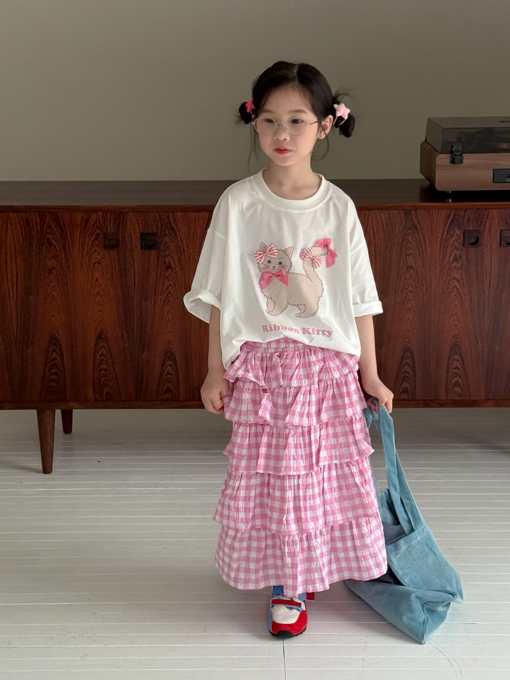 Girls' Cat-Print Bow T-Shirt