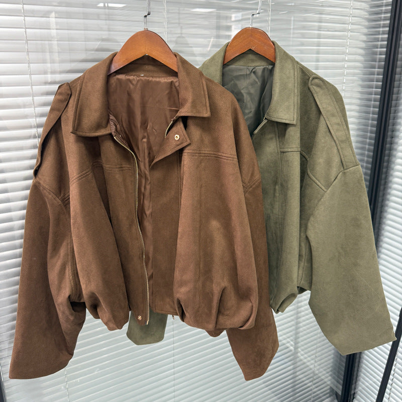 Faux Suede Casual Bomber Jacket