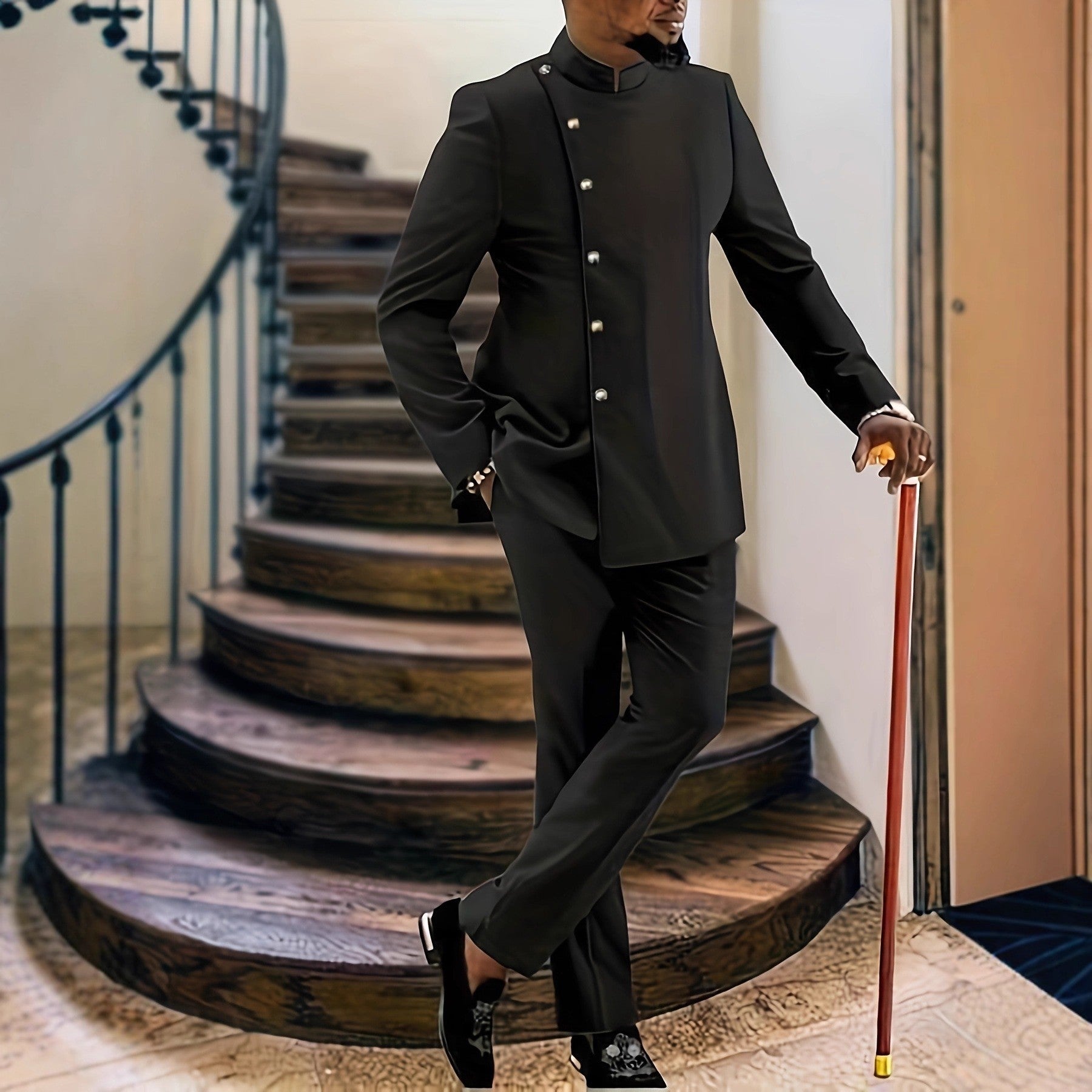 Traditional Muslim African Style Men Wedding New Suit 2 Piece Set Round Neck Long Sleeve Top Plus Pants Foreign Trade