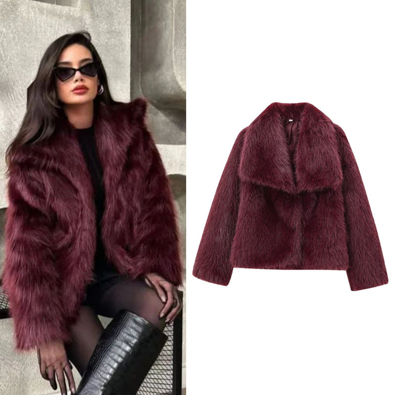 Faux Fur Coat with Wide Collar