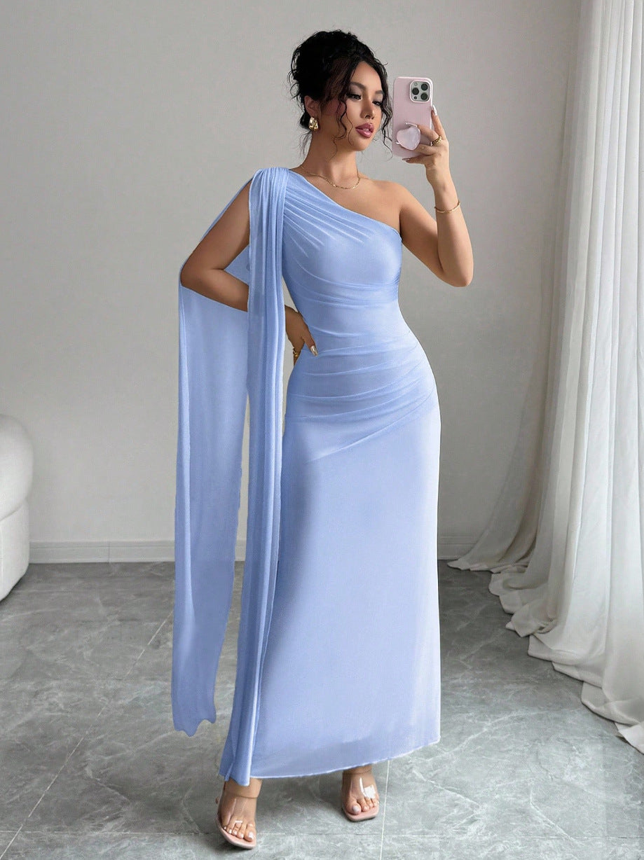 Elegant Mesh One Shoulder Draped Maxi Dress