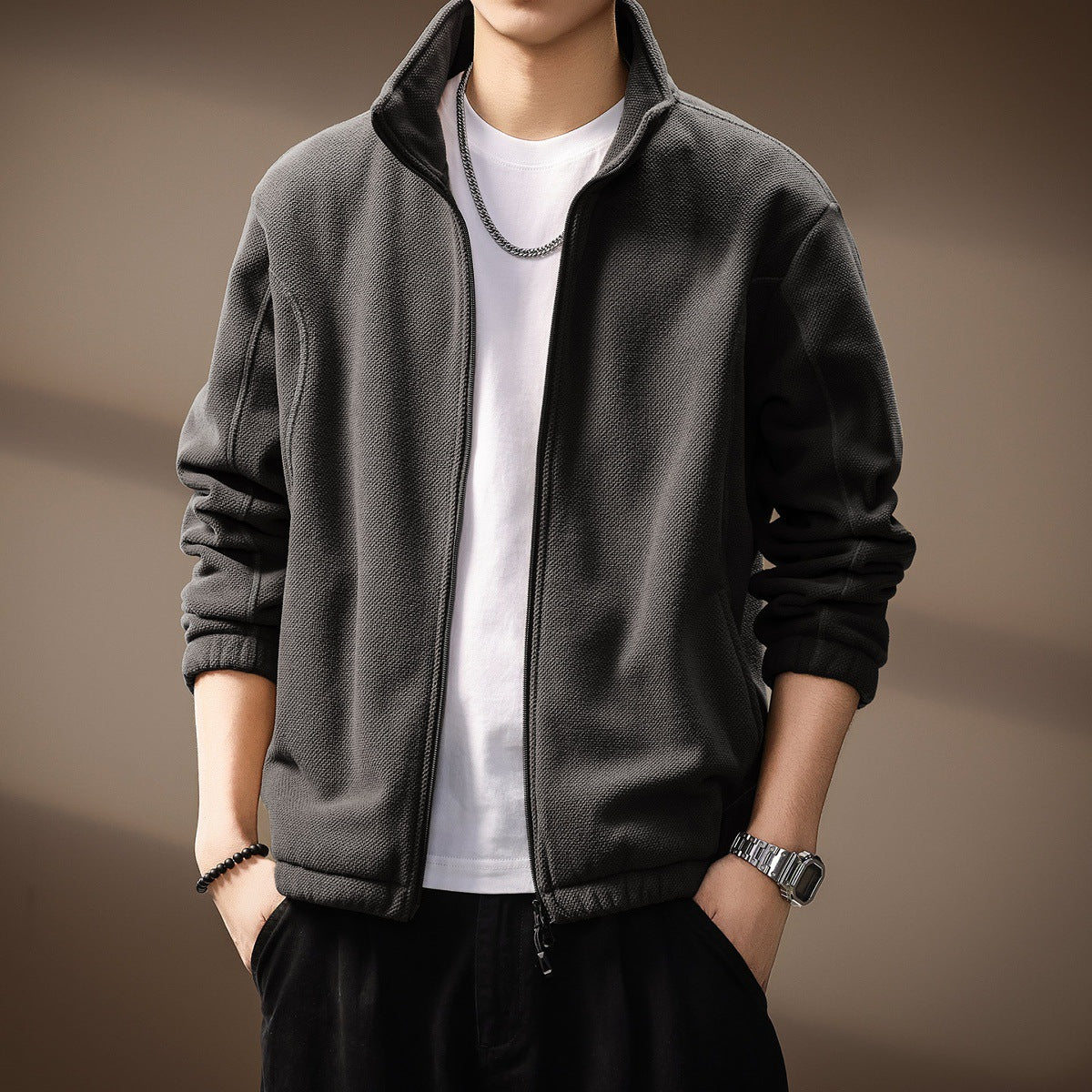 Textured Stand-Collar Zip Jacket