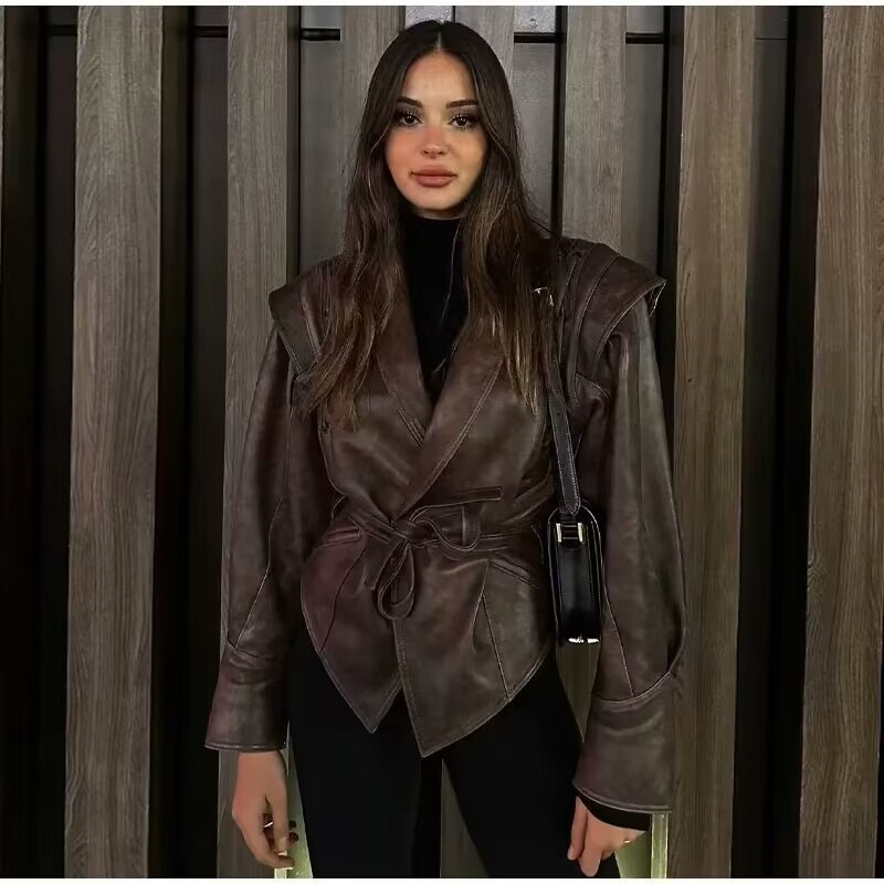 Faux Leather Lace Up Blazer Jacket