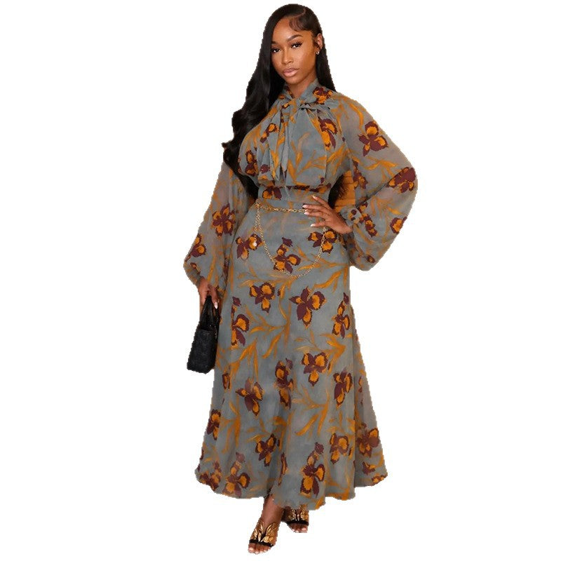 Tie-Neck Lantern-Sleeve Printed Dress