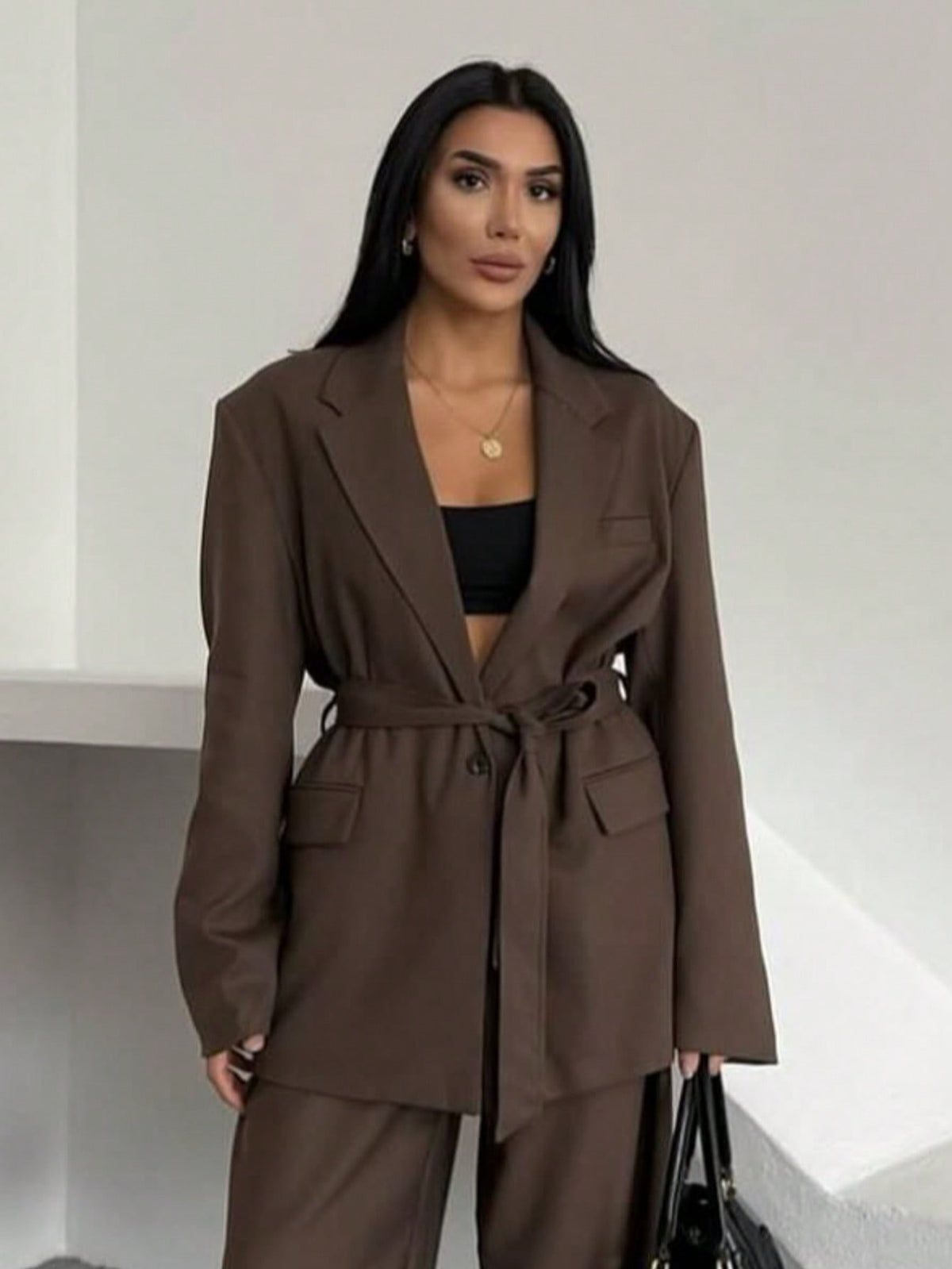 Women's Brown Belted Tailored Blazer