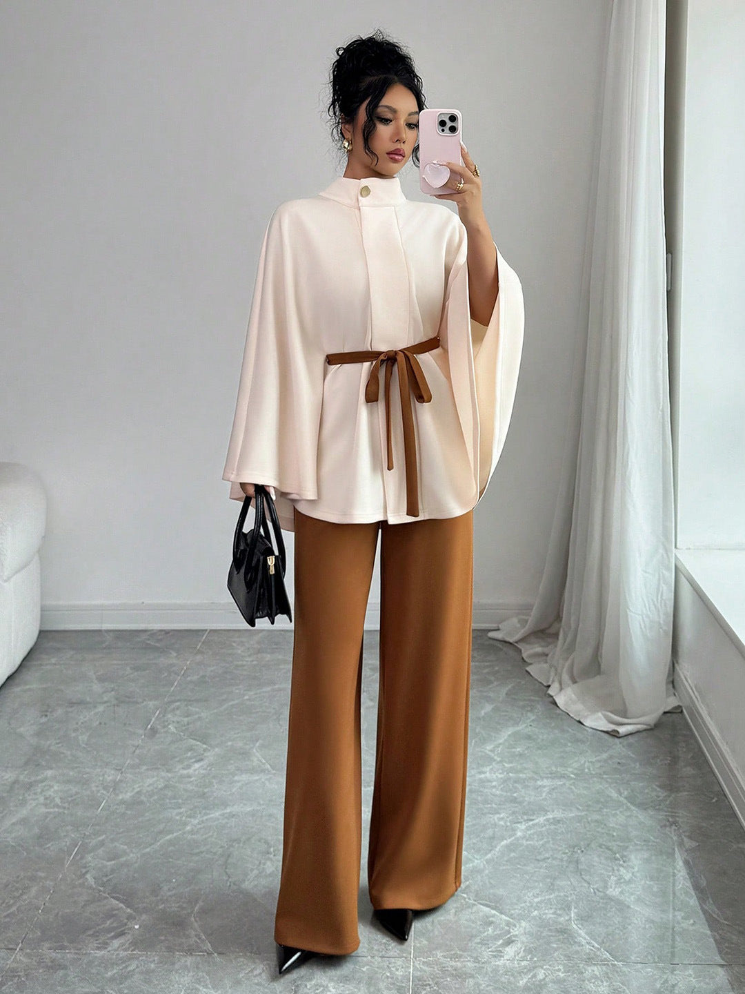 Elegant Cape Sleeve Belted Jacket