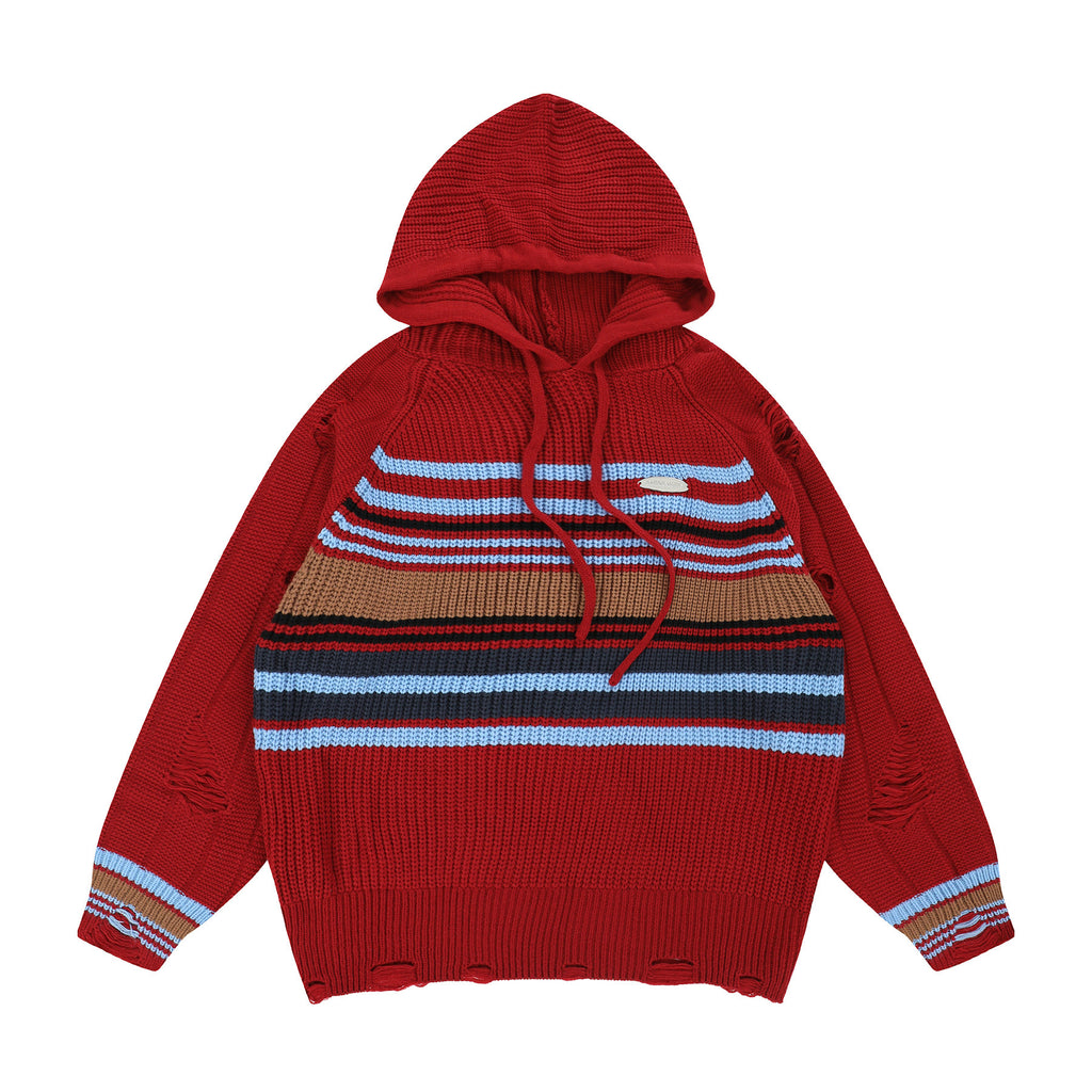 Distressed Striped Knit HoodieDistressed Striped Knit Hoodie