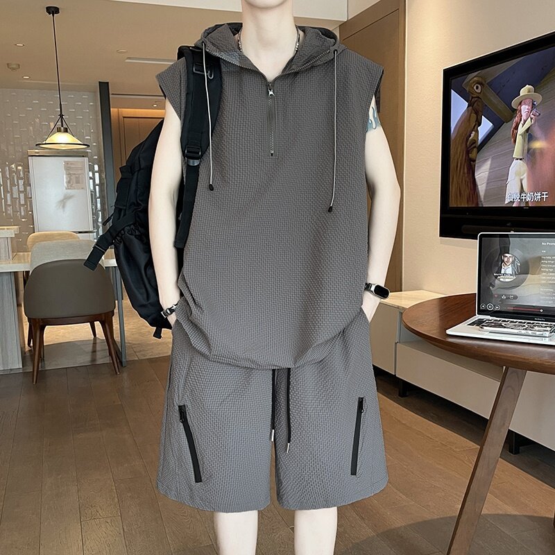 Men's Textured Hoodie & Shorts Set