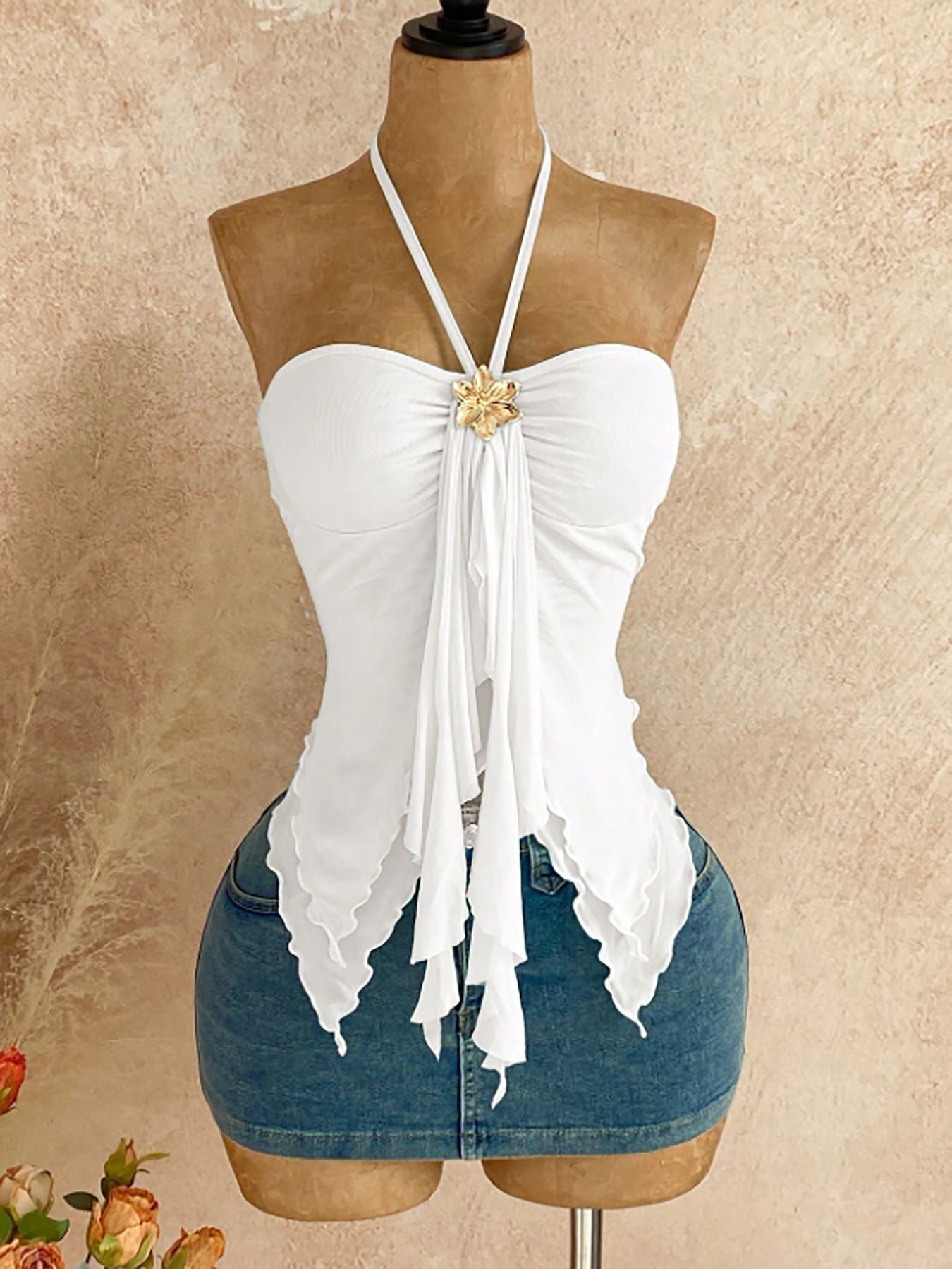 Floral Accent Mesh Halter Top