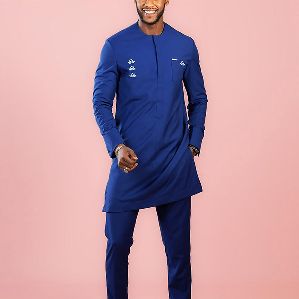 Traditional Muslim African Style Men Wedding New Suit 2 Piece Set Round Neck Long Sleeve Top Plus Pants Foreign Trade