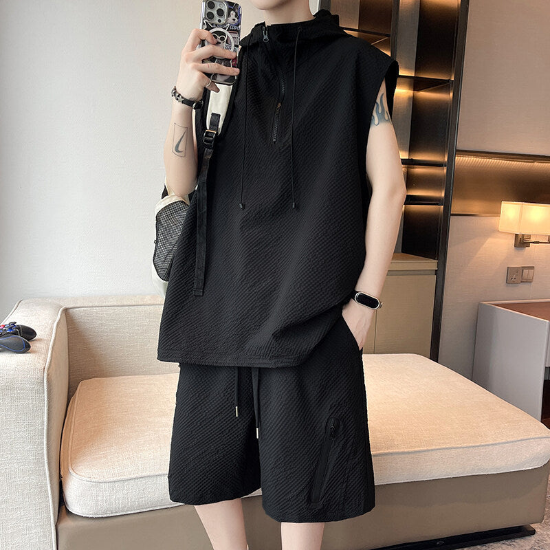 Men's Textured Hoodie & Shorts Set