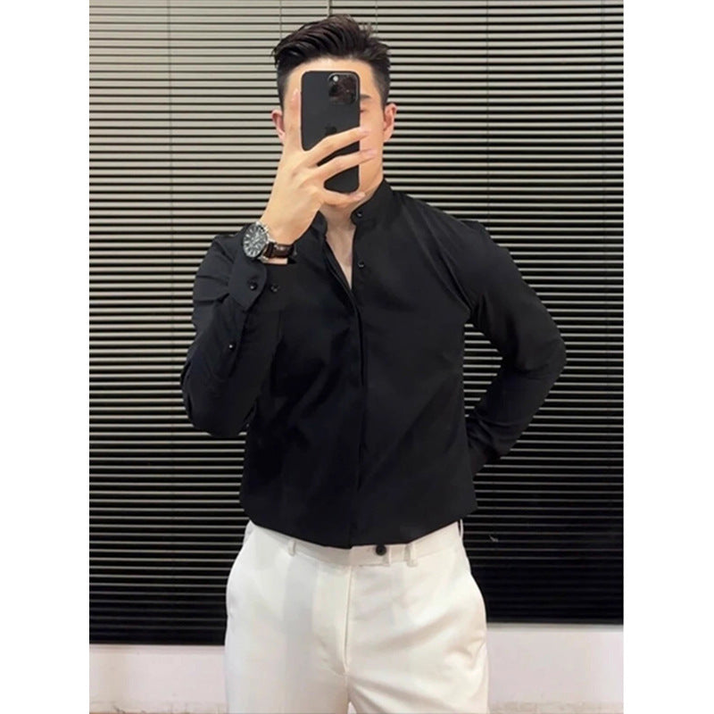 Mandarin Collar Slim-Fit Dress Shirt