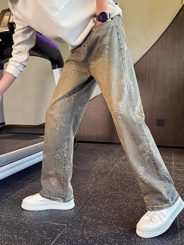 Distressed Jacquard Straight-Leg Jeans