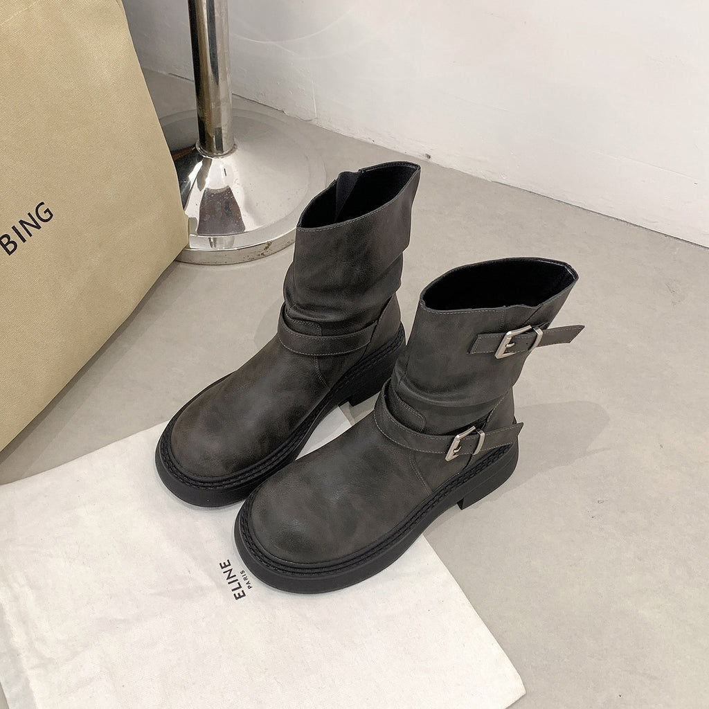 Buckle Block-Heel Boots
