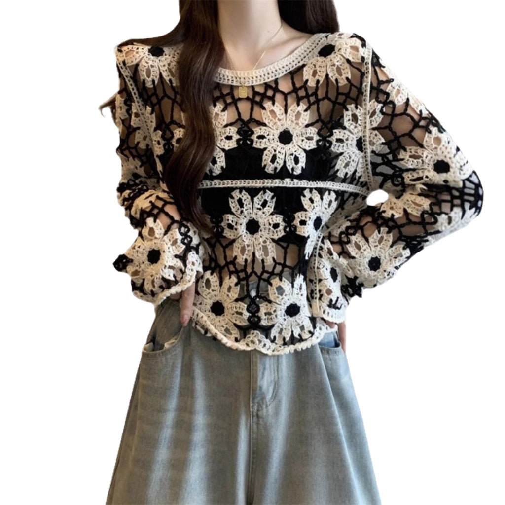 French unique crochet cut-out knitwear women's pre-fall 2024 new plus size fat mm slim outer layer blouse top