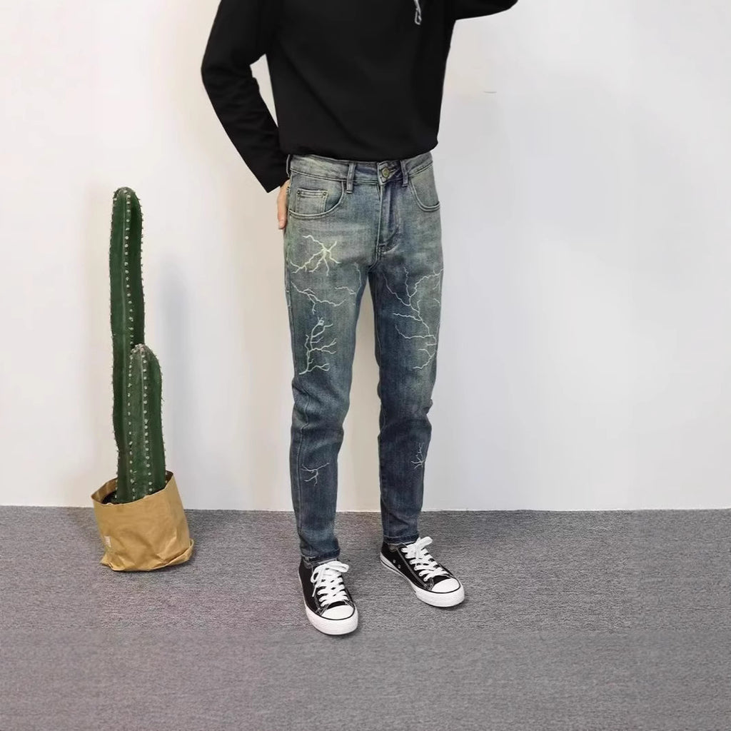 Distressed Lightning Graphic Slim-Fit jeans