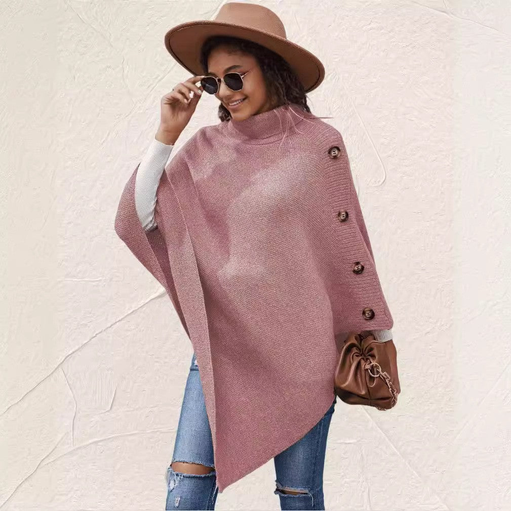 Turtleneck Button Knit Poncho