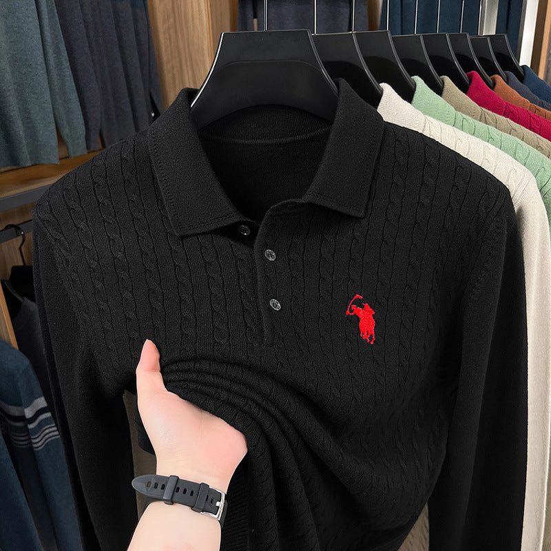 Embroidered Cable-Knit Polo Sweater