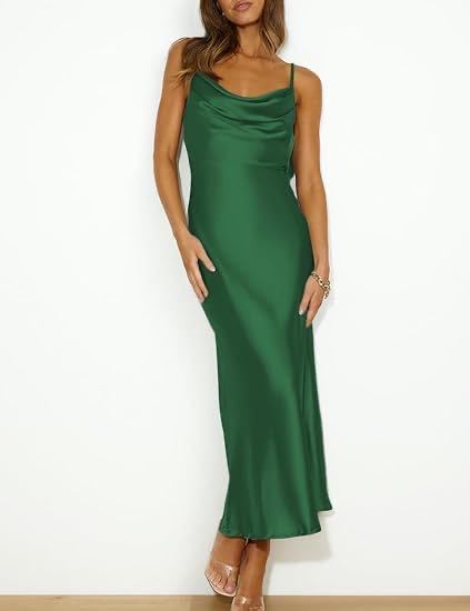 Elegant Satin Cowl Neck Slip Maxi Dress,