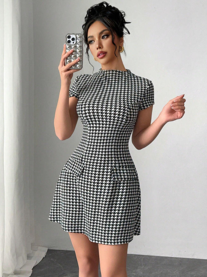 Houndstooth Crew Neck A Line Mini Dress