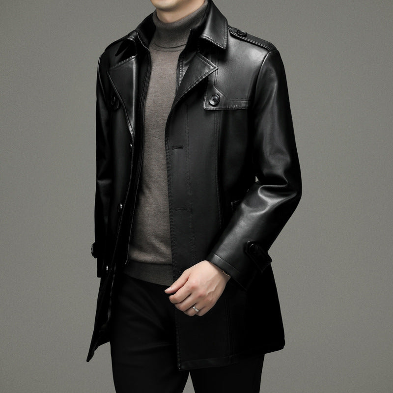Mid Length PU Leather Trench Coat