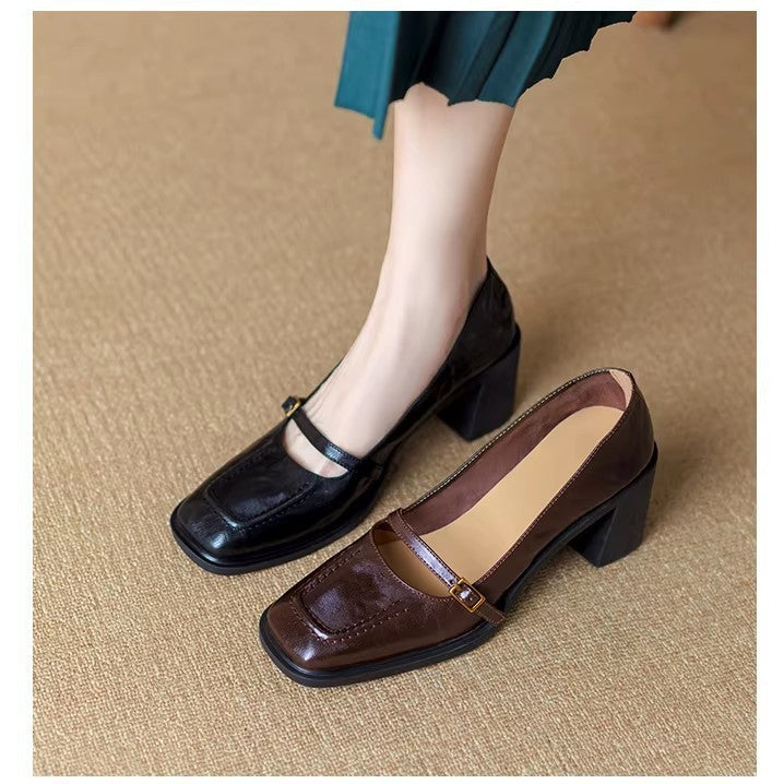 Square-Toe Leather Strap Heels