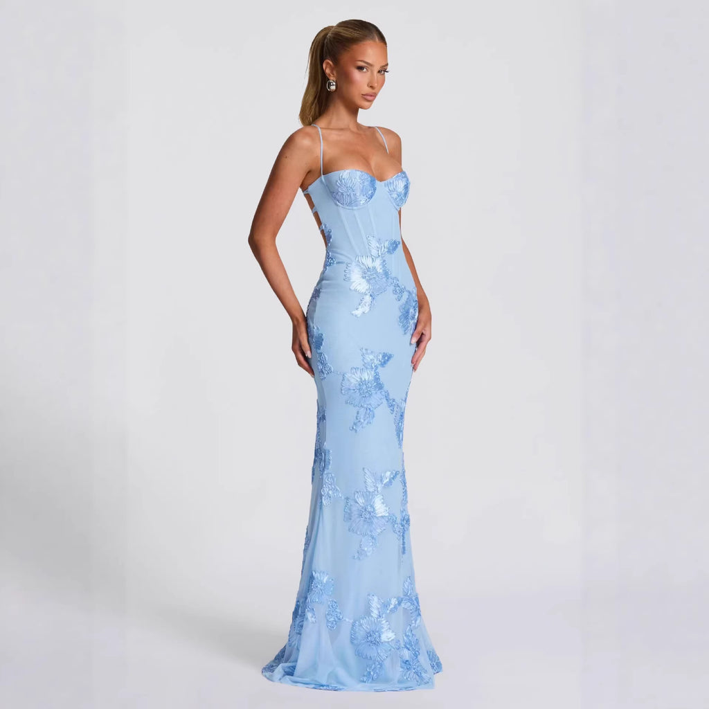 Floral Open-Back Maxi Dress - Blue