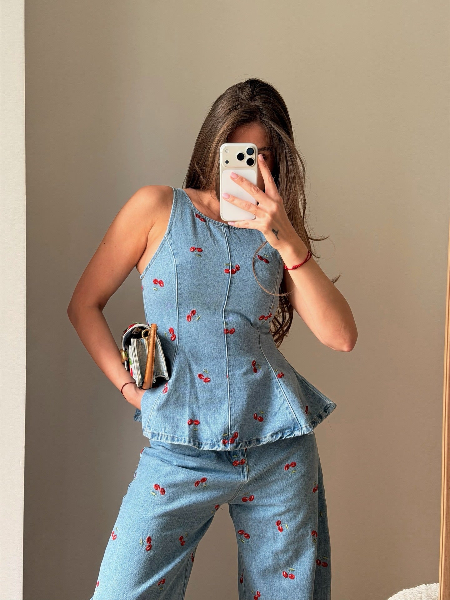 Cherry Print Denim Peplum Top and Wide Leg Pants Set
