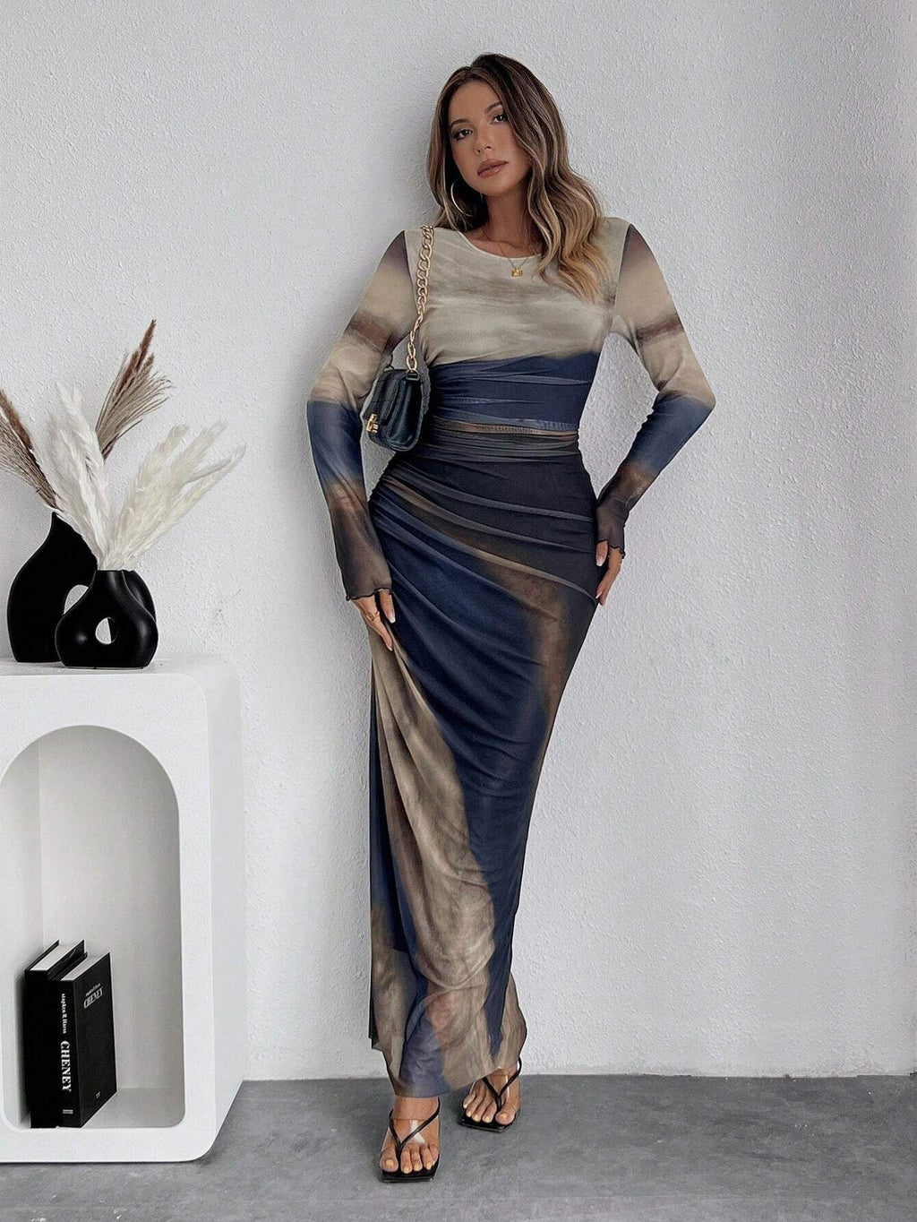Elegant Printed Mesh Ruched Maxi Dress