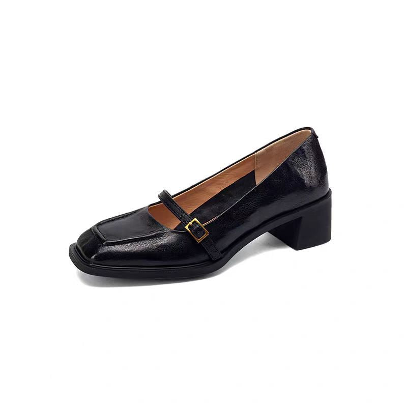 Square-Toe Leather Strap Heels
