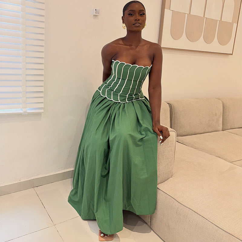 Color-Block Off-Shoulder Pleated Dress