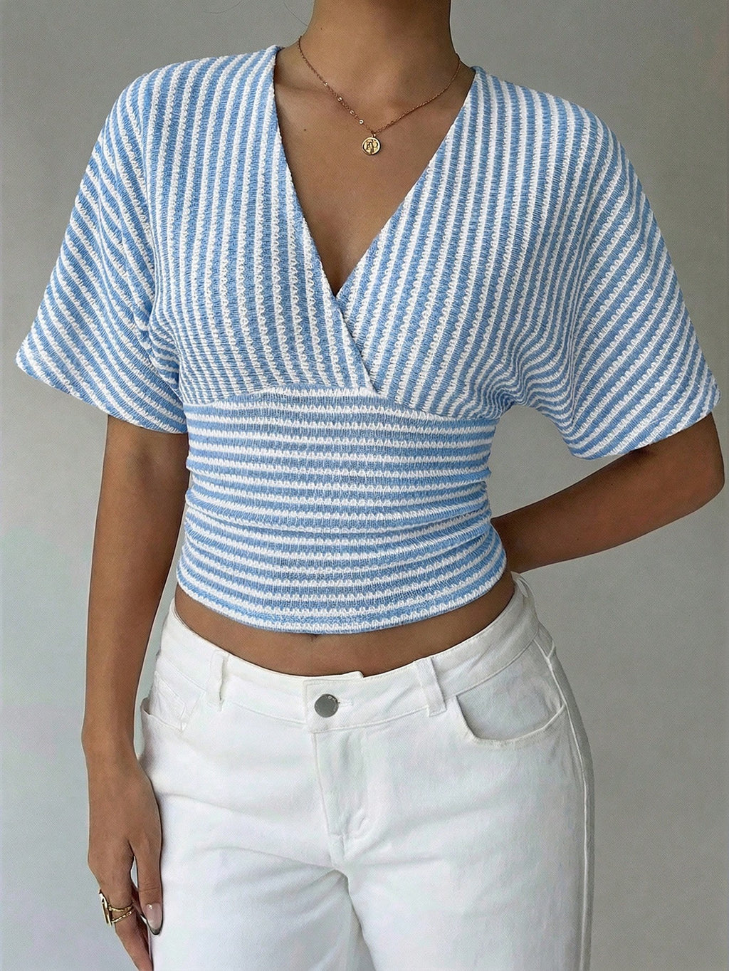 Striped V Neck Batwing Sleeve Wrap Top