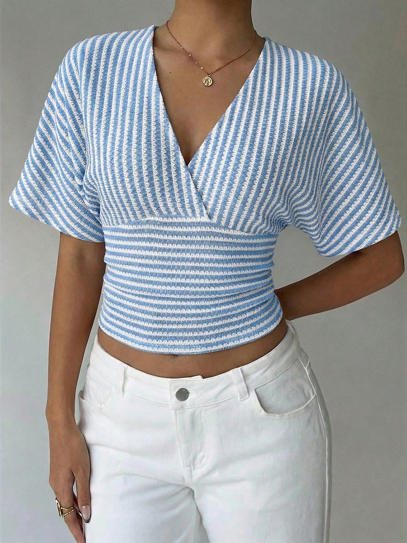 Striped V Neck Batwing Sleeve Wrap Top
