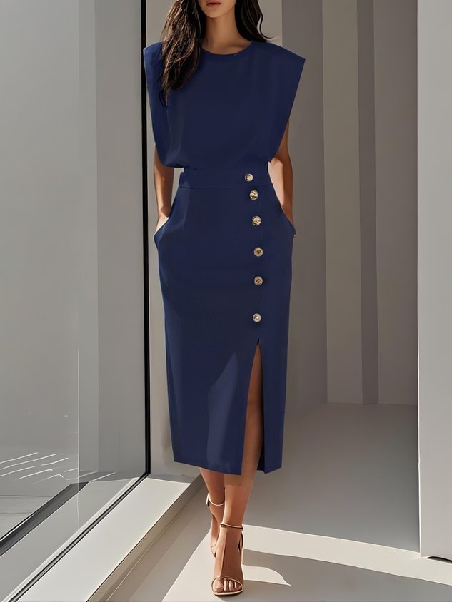 Elegant Button Detail Slit Midi Set